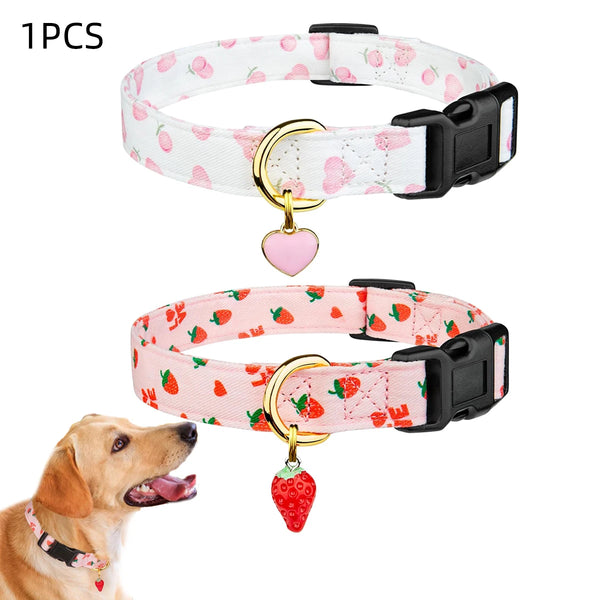 Cotton Dog Collar with Heart or Strawberry Charm