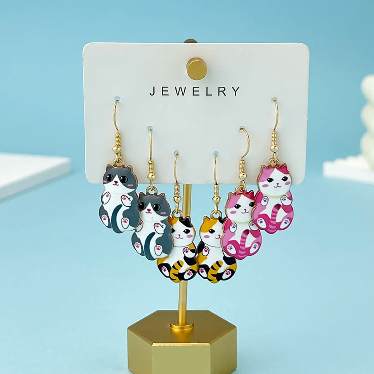 Enamel Cat Dangle Earrings Set (3 Pairs)