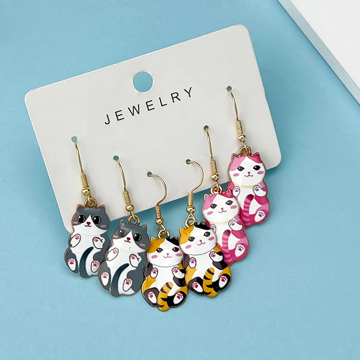 Enamel Cat Dangle Earrings Set (3 Pairs)