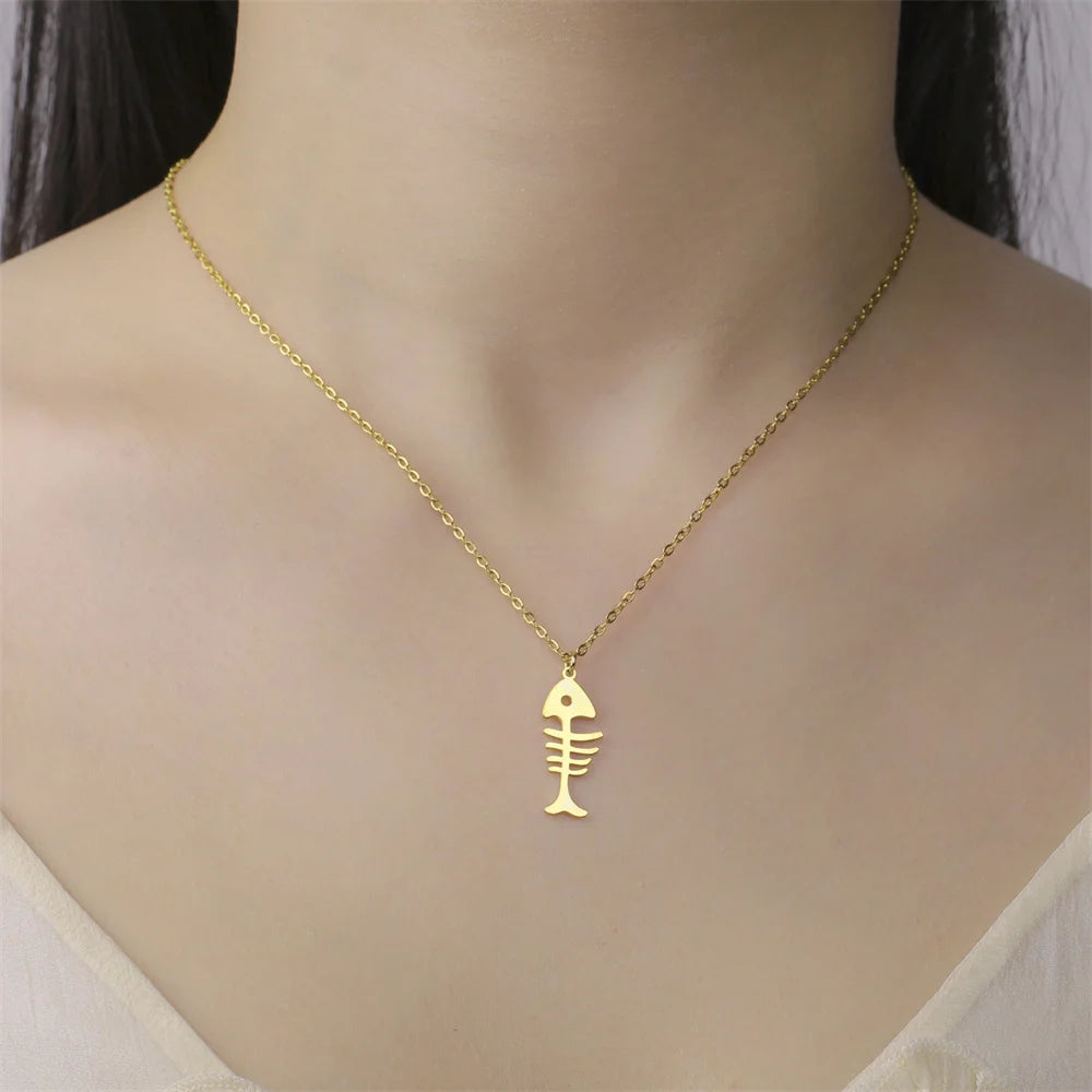 Cat & Fishbone Pendant Necklace