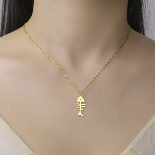 Cat & Fishbone Pendant Necklace