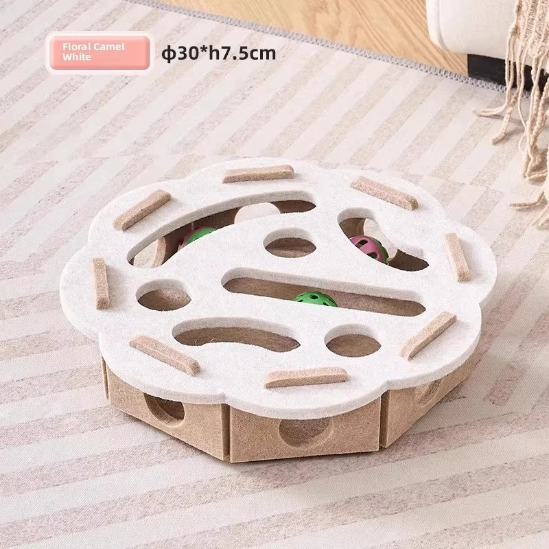 Felt Puzzle Box Cat Toy with Ball - Camel White-round