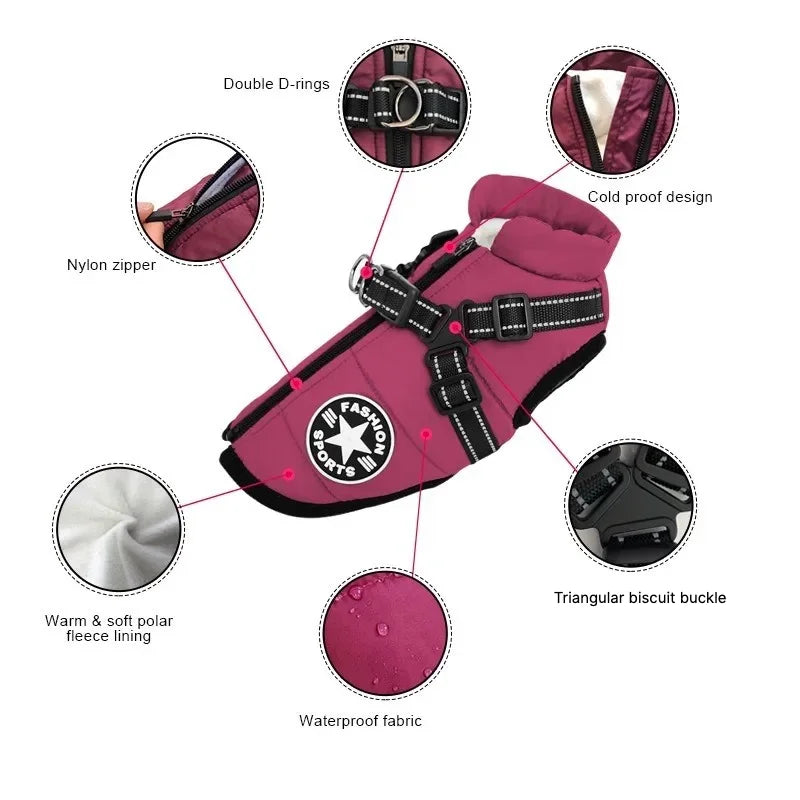 Warm Dog Jacket with Built-In Harness