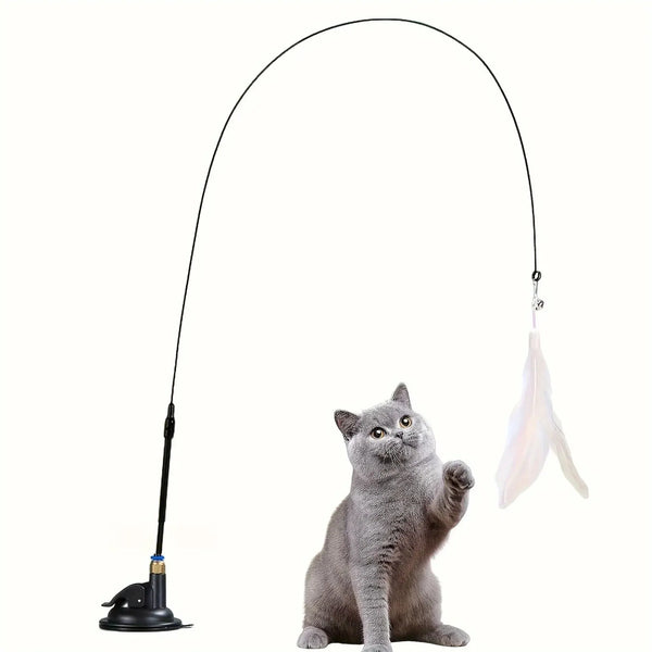 Cat Teaser Wand with Suction Cup Base, Bell and Feathers