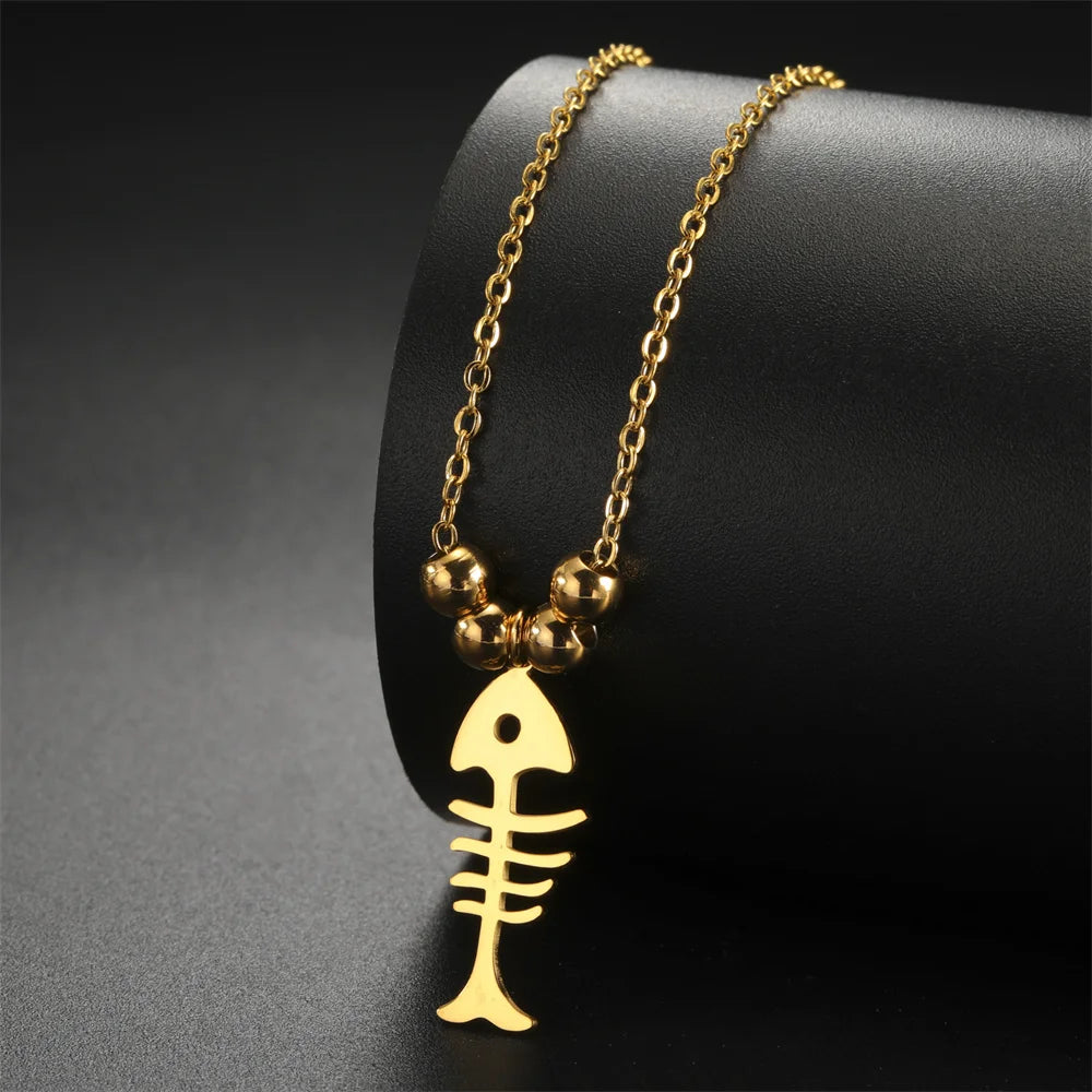 Cat & Fishbone Pendant Necklace