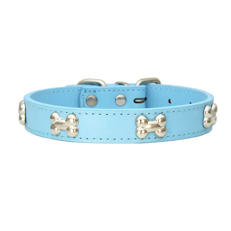 Leather Dog Collar with Bone Studs - Sky Blue / XS