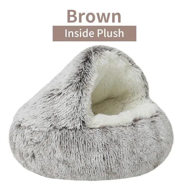Hooded Plush Round Bed - Brown / 40x40 cm