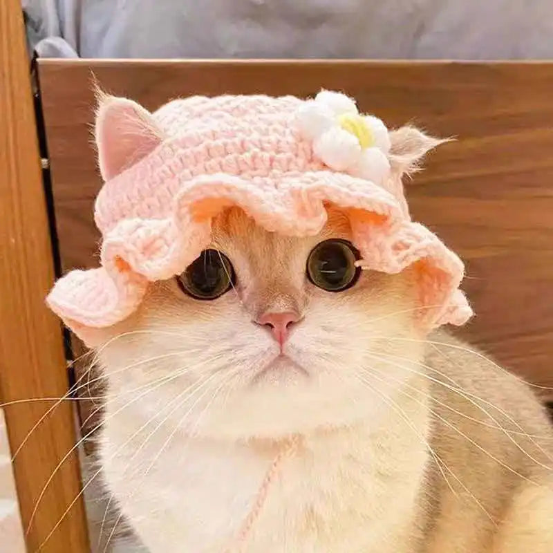 Crochet Flower Hat for Cats and Small Dogs - Pink / M