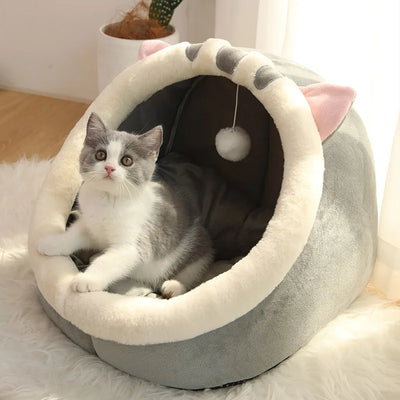 Cosy Cave Cat Bed with Hanging Ball