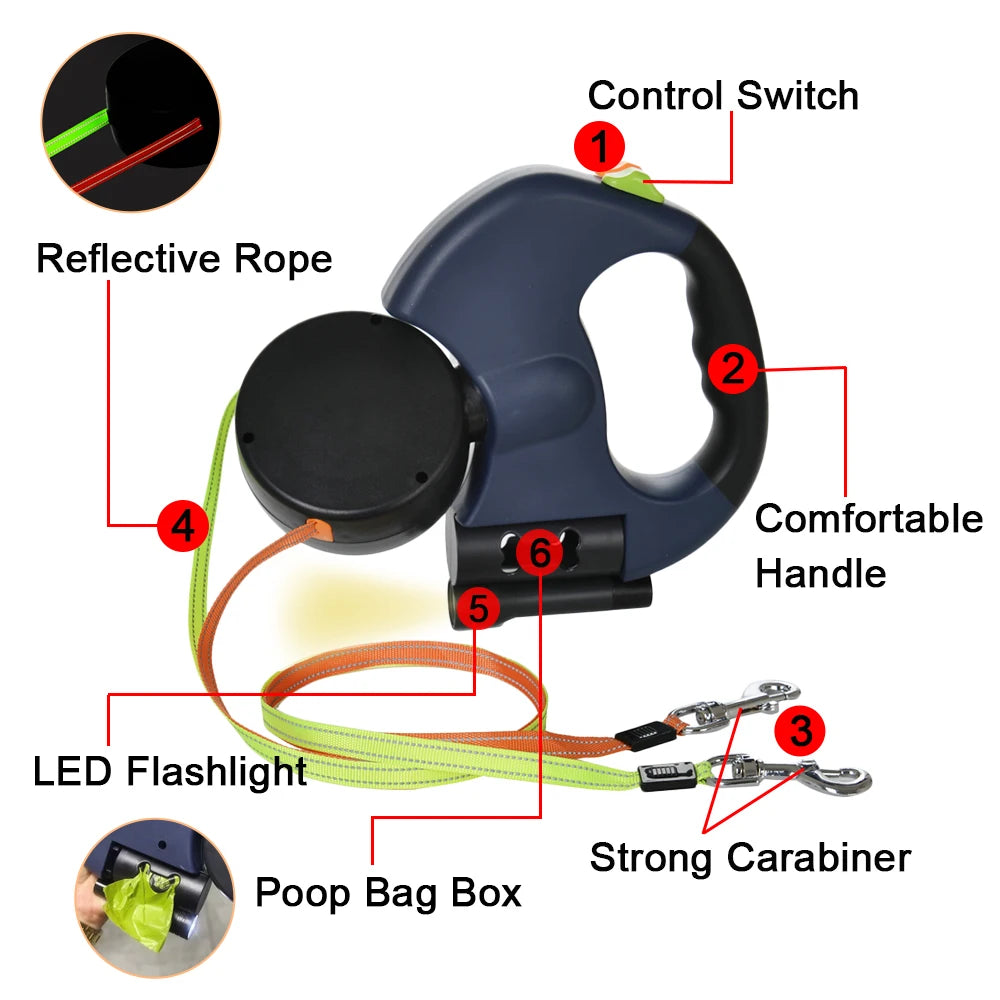 Retractable Lead for Two Small Dogs, 3 m