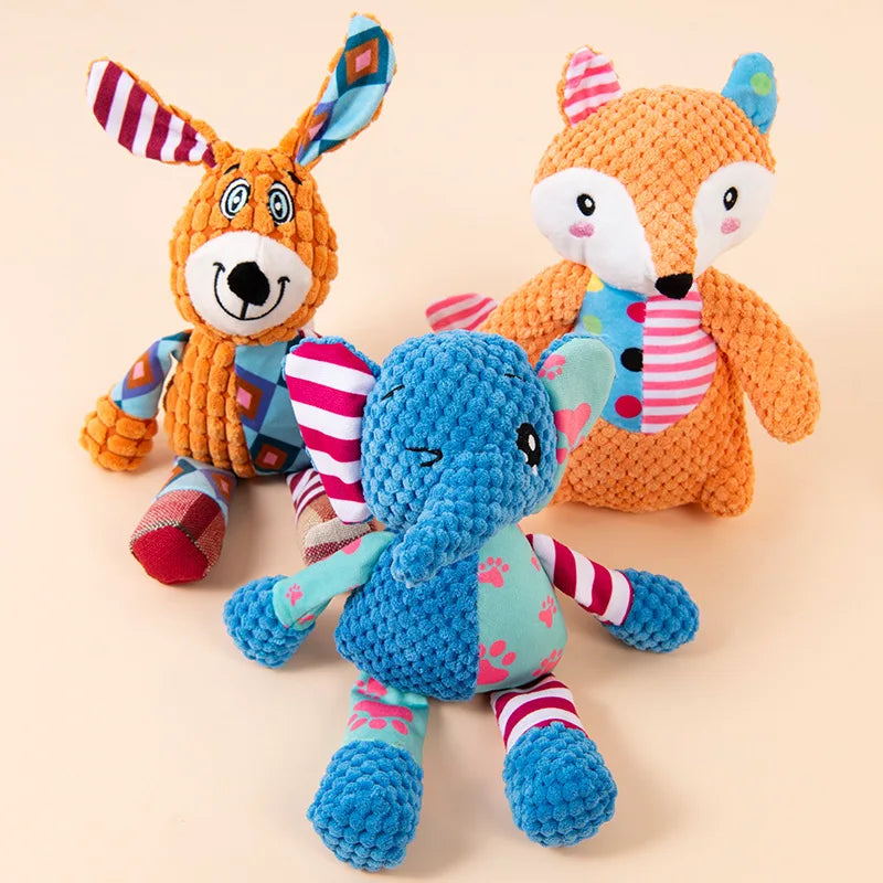 Squeaky Plush Fox and Elephant Dog Toys