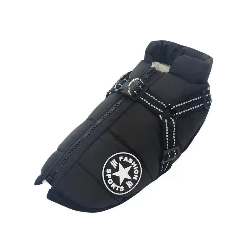 Warm Dog Jacket with Built-In Harness - Black / S