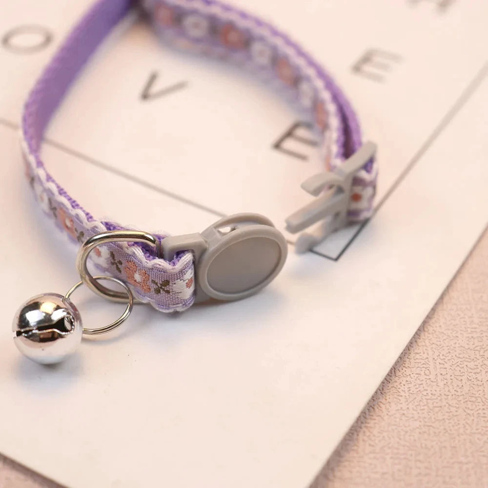 Floral Embroidered Cat Collar with Bell