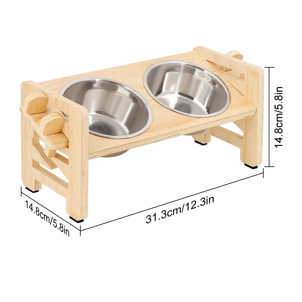 Adjustable Raised Wooden Bowl Stand with 2 Bowls
