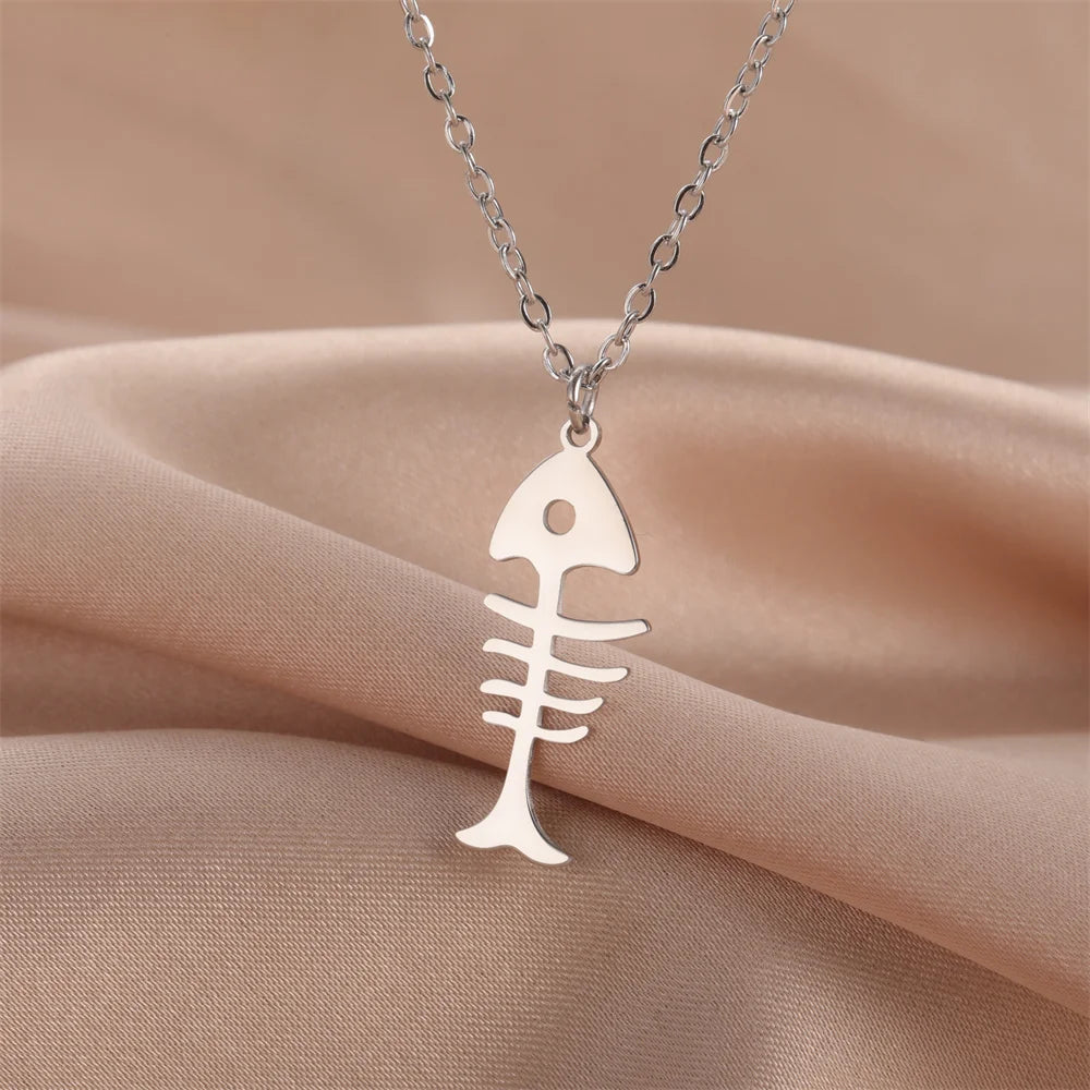Cat & Fishbone Pendant Necklace