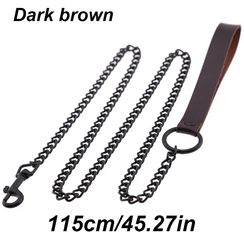 Chew-Proof Chain Dog Lead with Padded Handle - Dark Brown