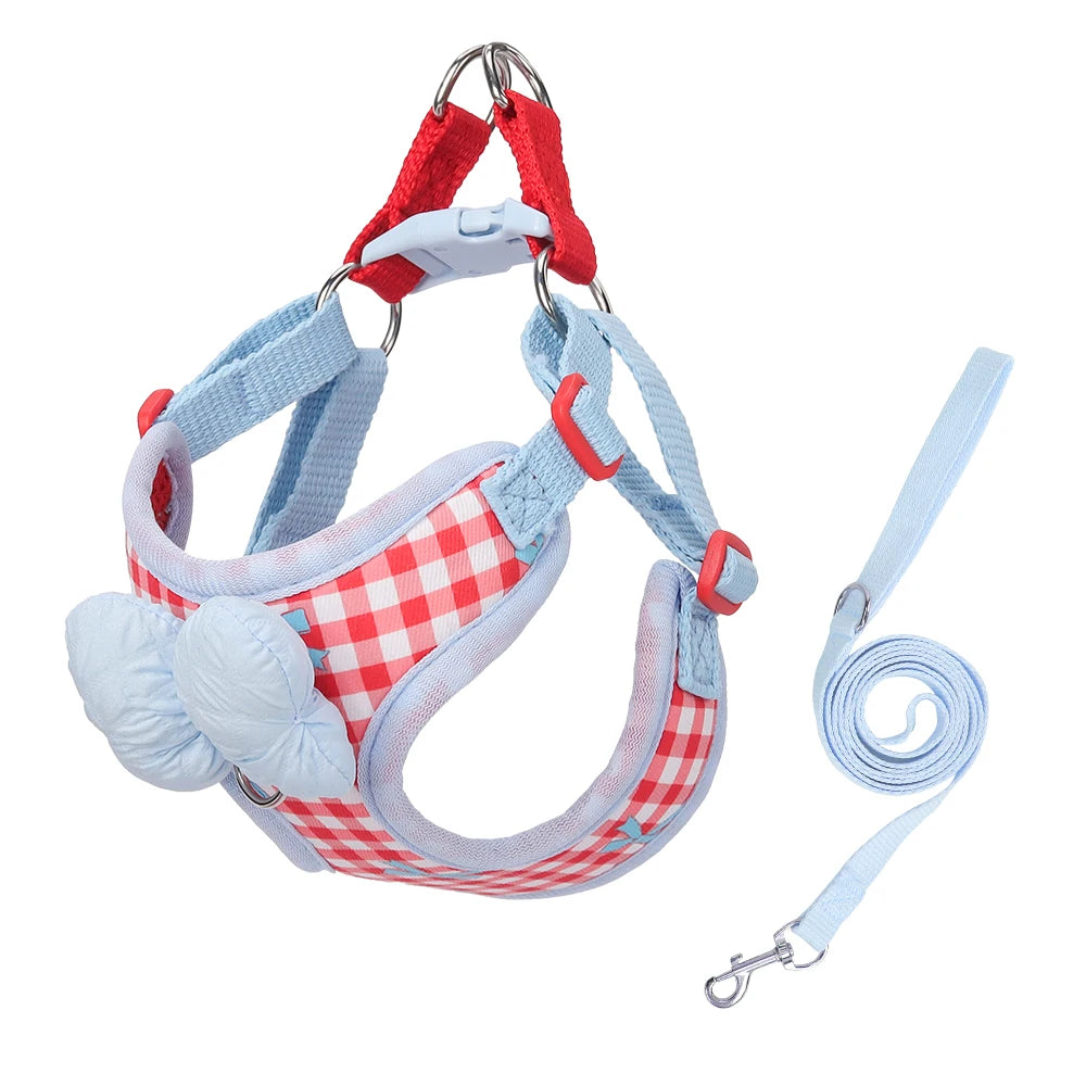 Check Harness and Lead Set with Bow - Red and blue check / M (3.5 to 6.5 kg)