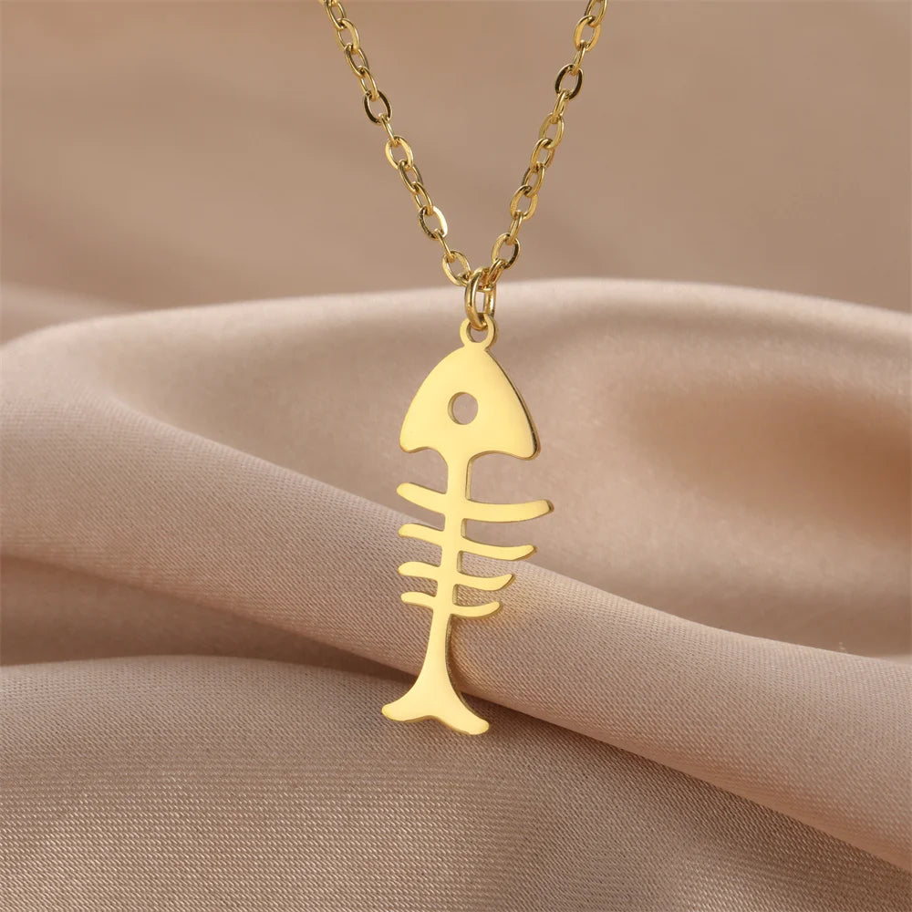 Cat & Fishbone Pendant Necklace