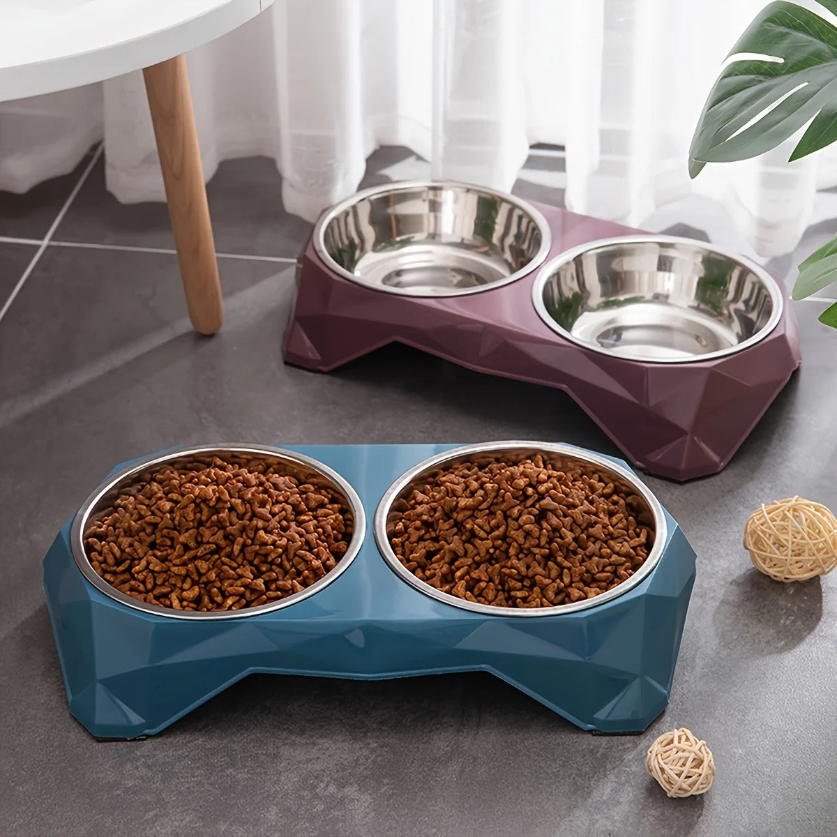 Double Stainless Steel Bowl with Diamond Stand