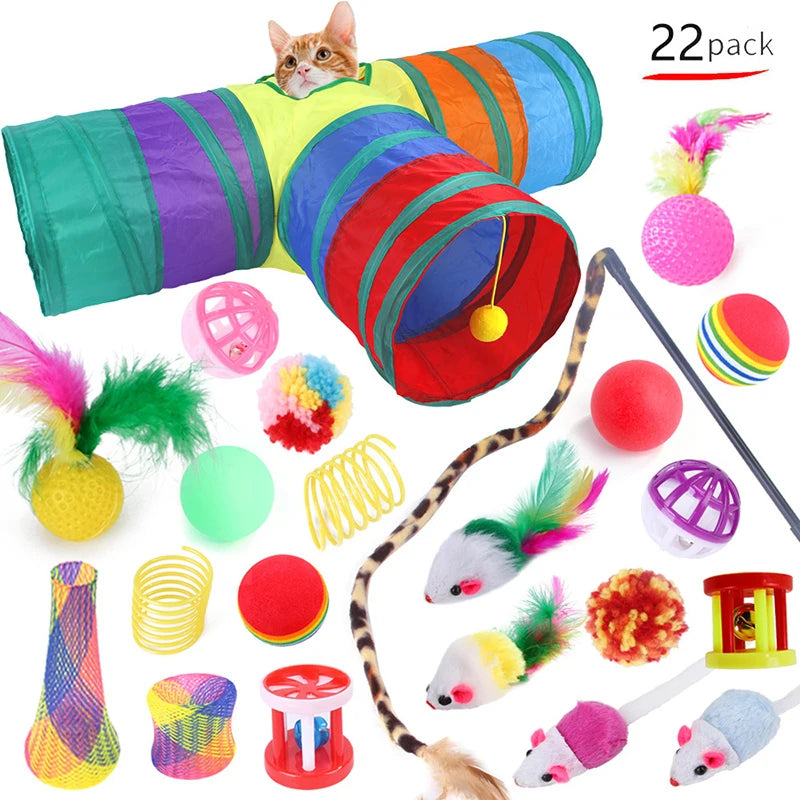 Cat Toy Set with Play Tunnel, 22 Pieces