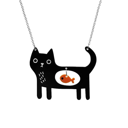 Acrylic Black Cat & Fish Necklace