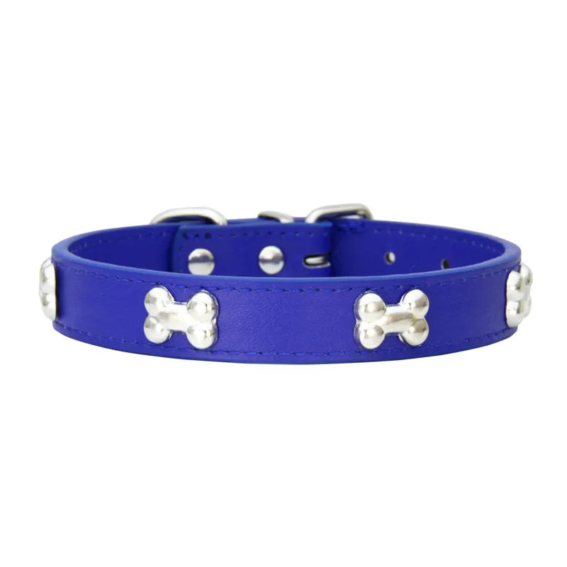 Leather Dog Collar with Bone Studs - Deep Blue / XS