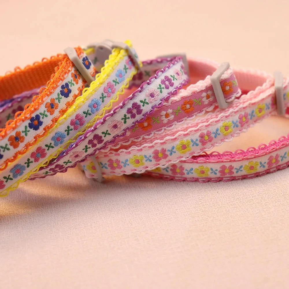 Floral Embroidered Cat Collar with Bell