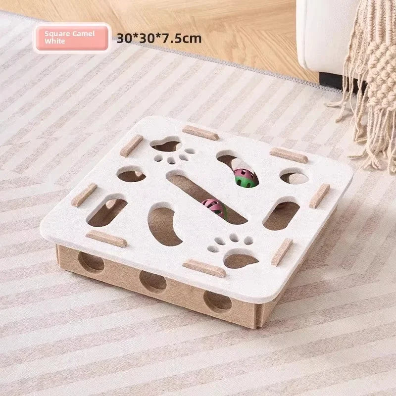 Felt Puzzle Box Cat Toy with Ball - Camel White-square