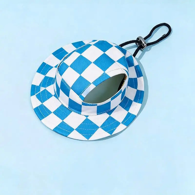 Pet Bucket Hat with Ear Holes - Blue Plaid / M