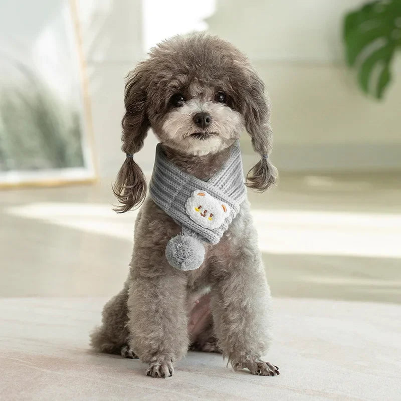 Knitted Pom-Pom Scarf for Small Pets - Grey / S