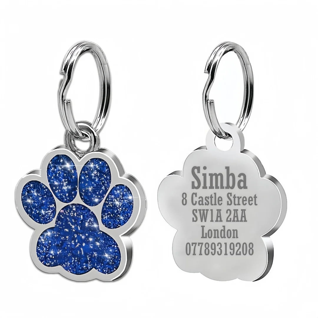 Blue glitter paw ID tag with engraved back