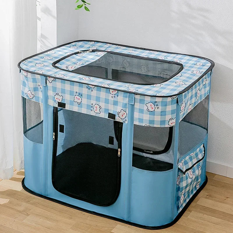 Pop-Up Pet Playpen House - Blue check / M (70 x 55 x 45 cm)