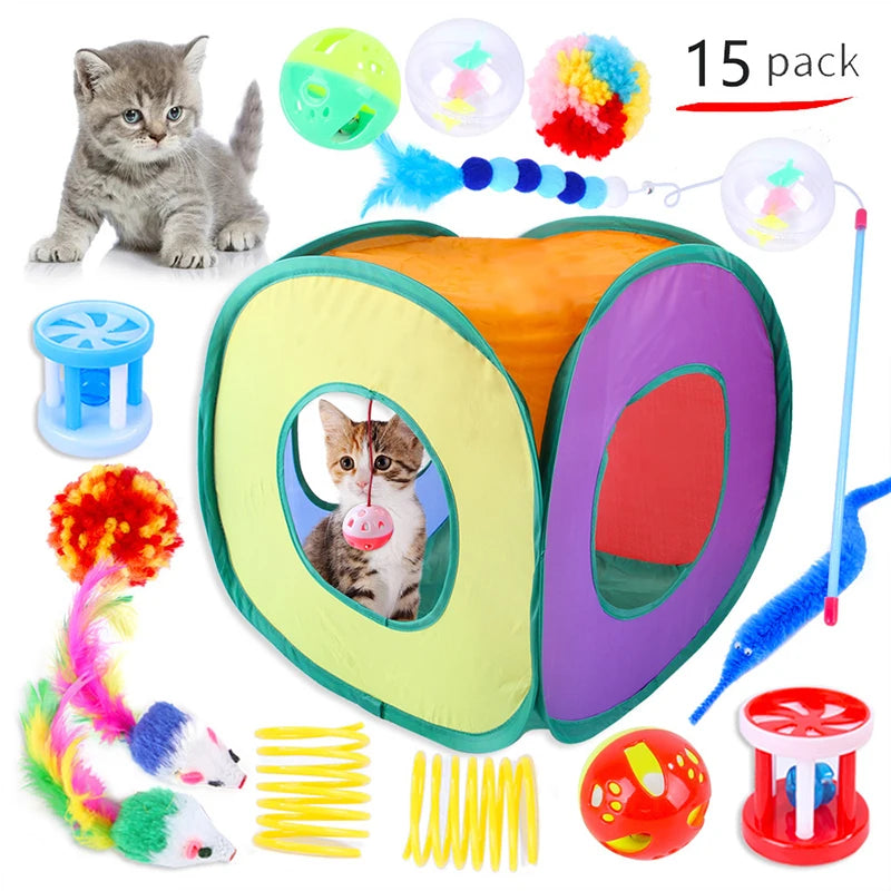 Cat Toy Set with Play Tunnel, 22 Pieces