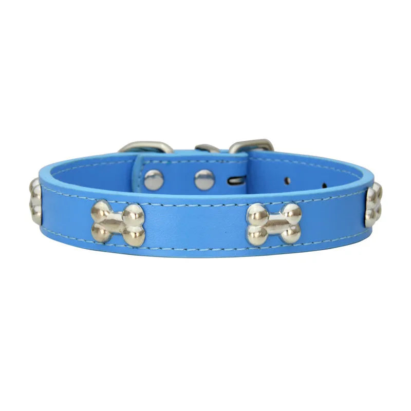 Leather Dog Collar with Bone Studs - Navy Blue / XS