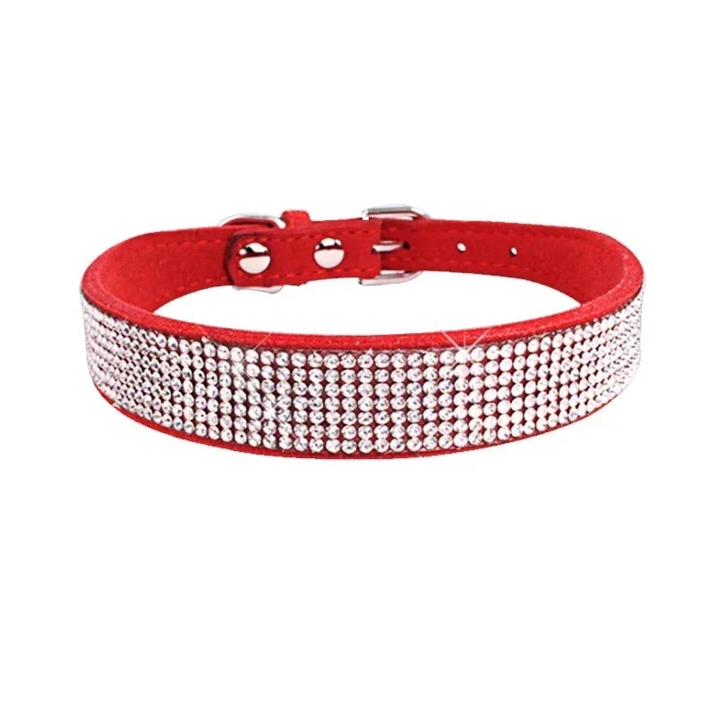 Rhinestone Suede Dog Collar - Red / XXS