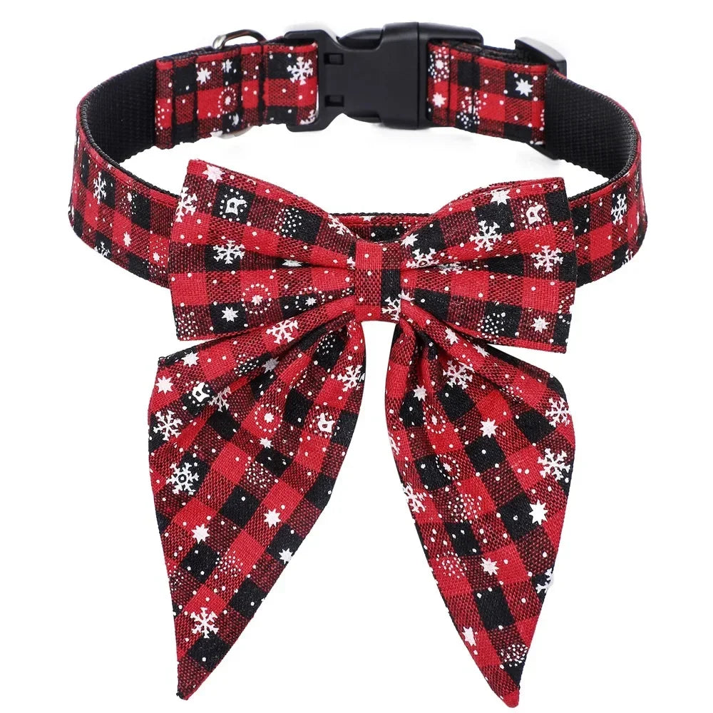 Christmas Bow Tie Dog Collar - Red Black Snow / S (2 x 40 cm)