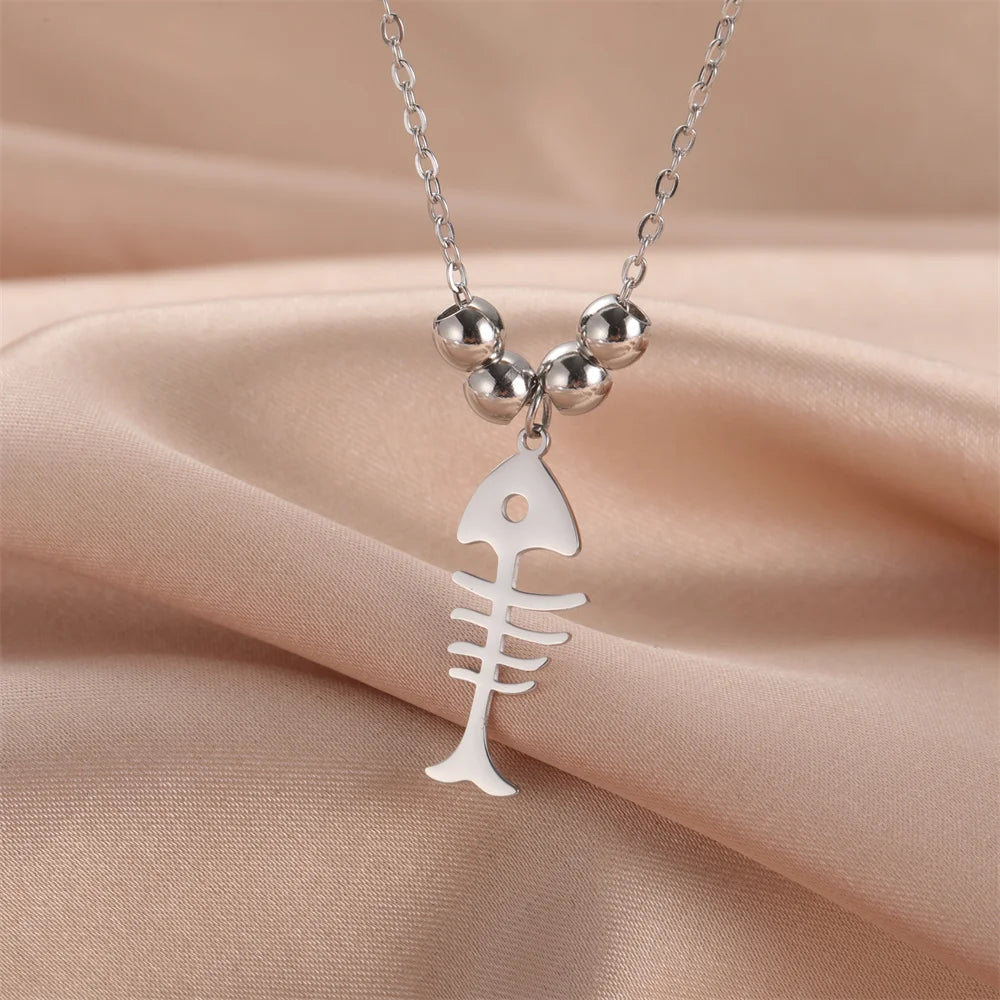 Cat & Fishbone Pendant Necklace