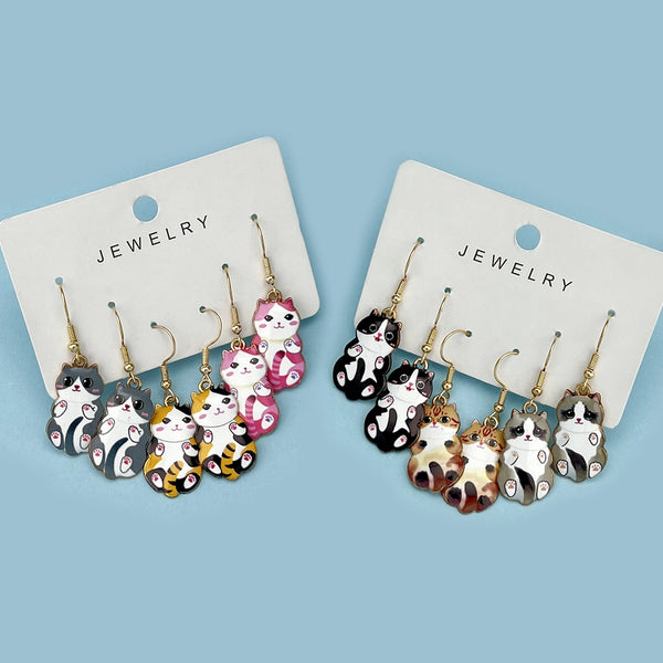 Enamel Cat Dangle Earrings Set (3 Pairs)