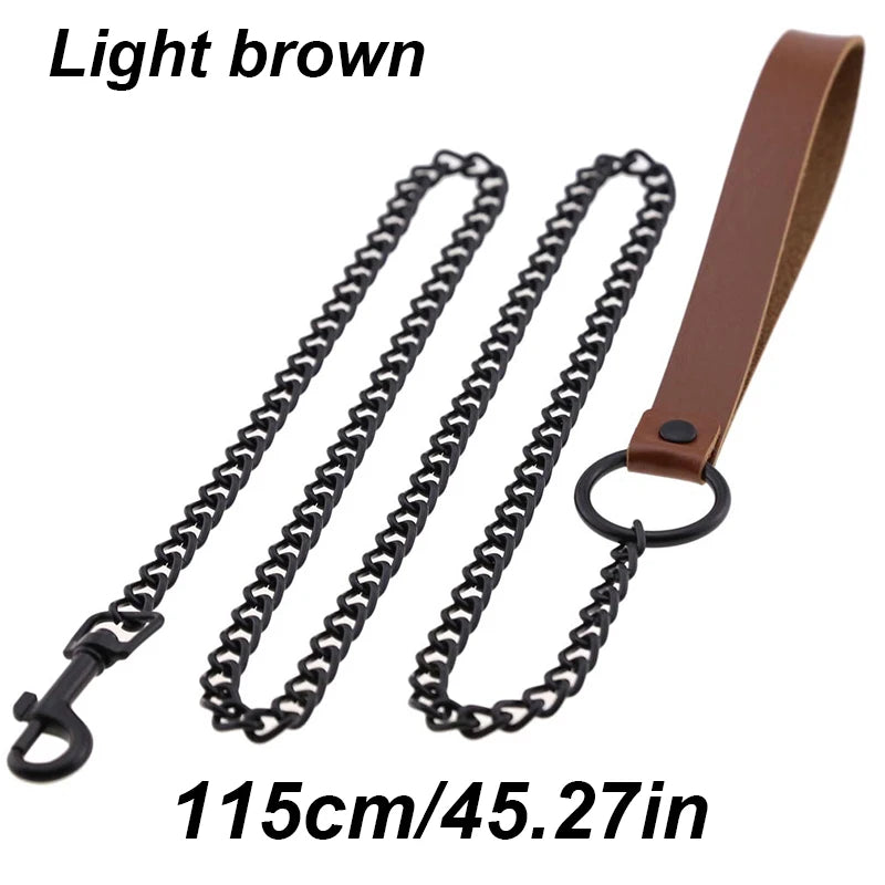 Chew-Proof Chain Dog Lead with Padded Handle - Light Brown