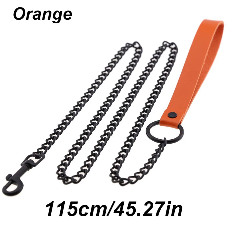 Chew-Proof Chain Dog Lead with Padded Handle - Orange
