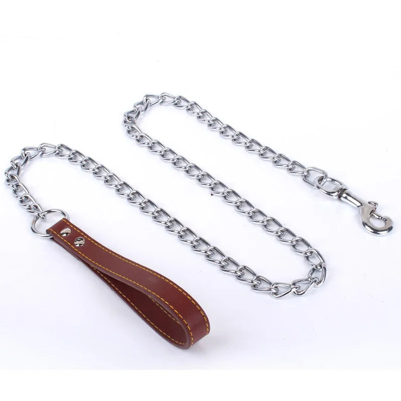 Chain Dog Lead with Padded Handle - Brown