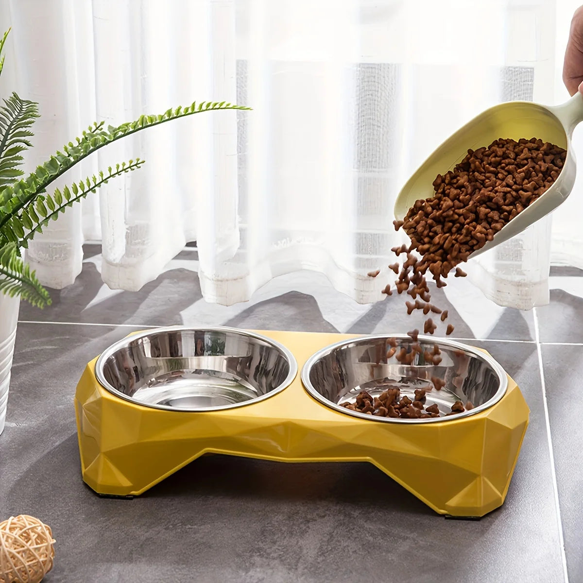 Double Stainless Steel Bowl with Diamond Stand