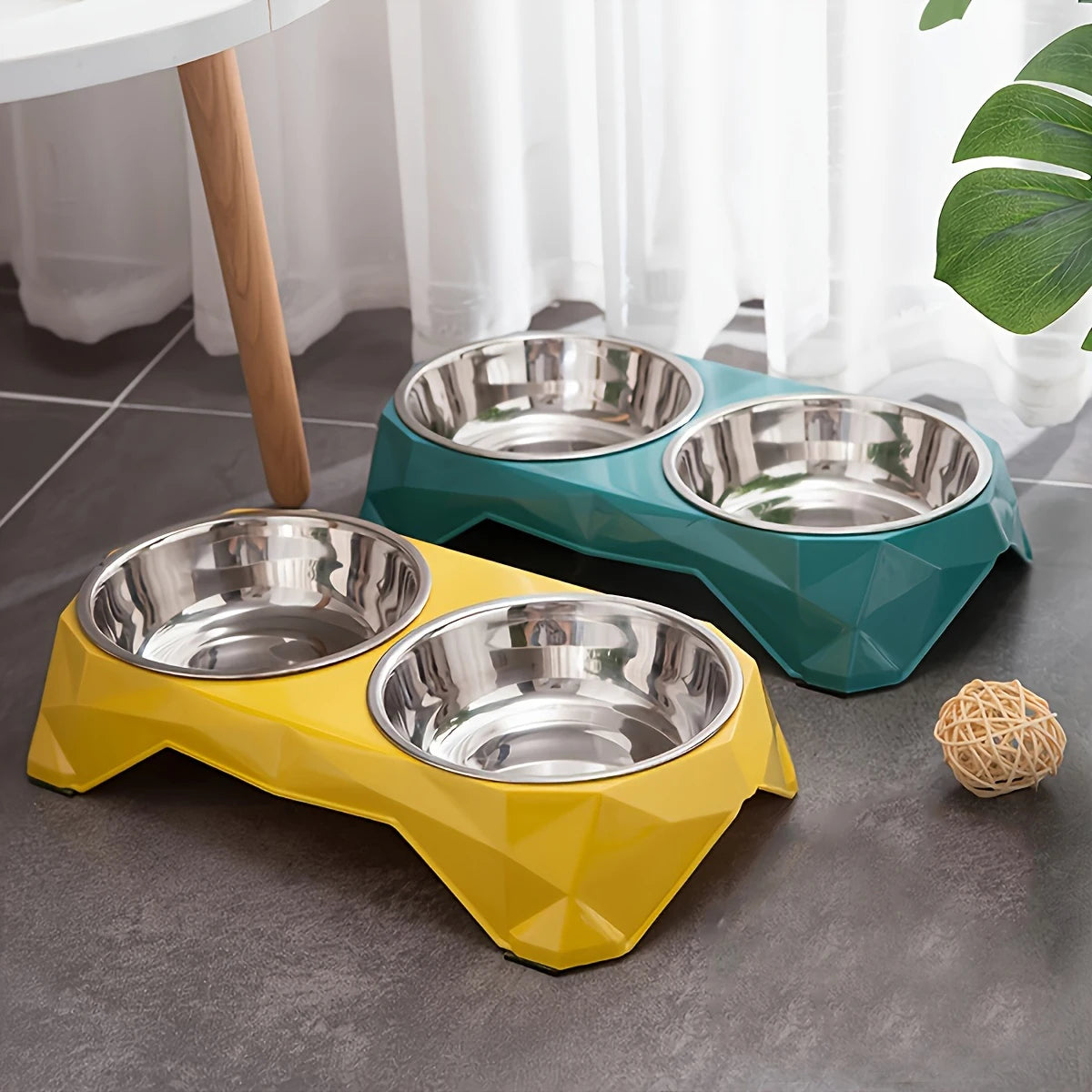 Double Stainless Steel Bowl with Diamond Stand