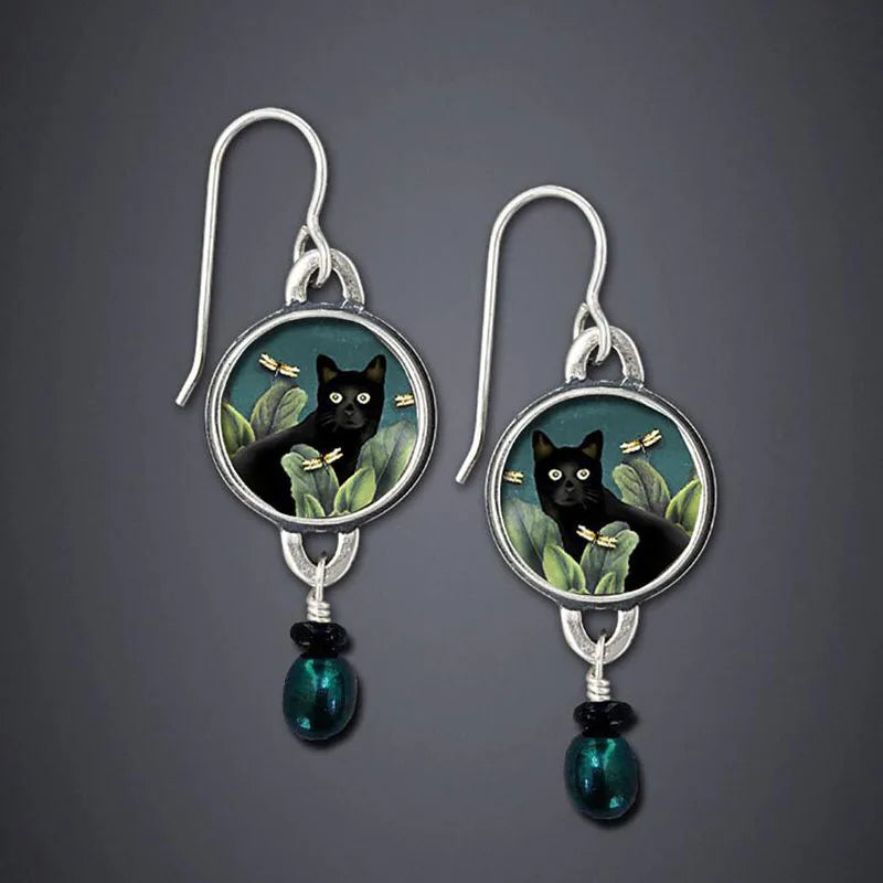 Vintage Black Cat Drop Earrings