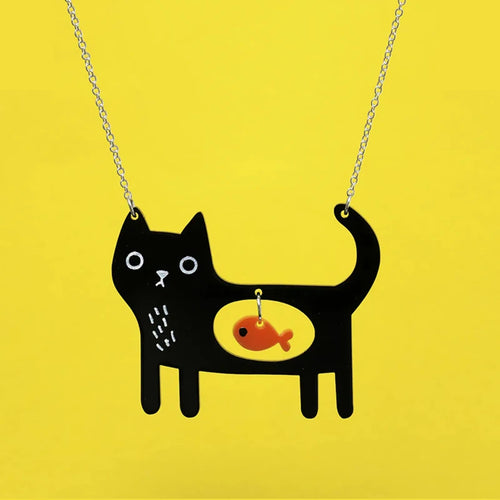 Acrylic Black Cat & Fish Necklace