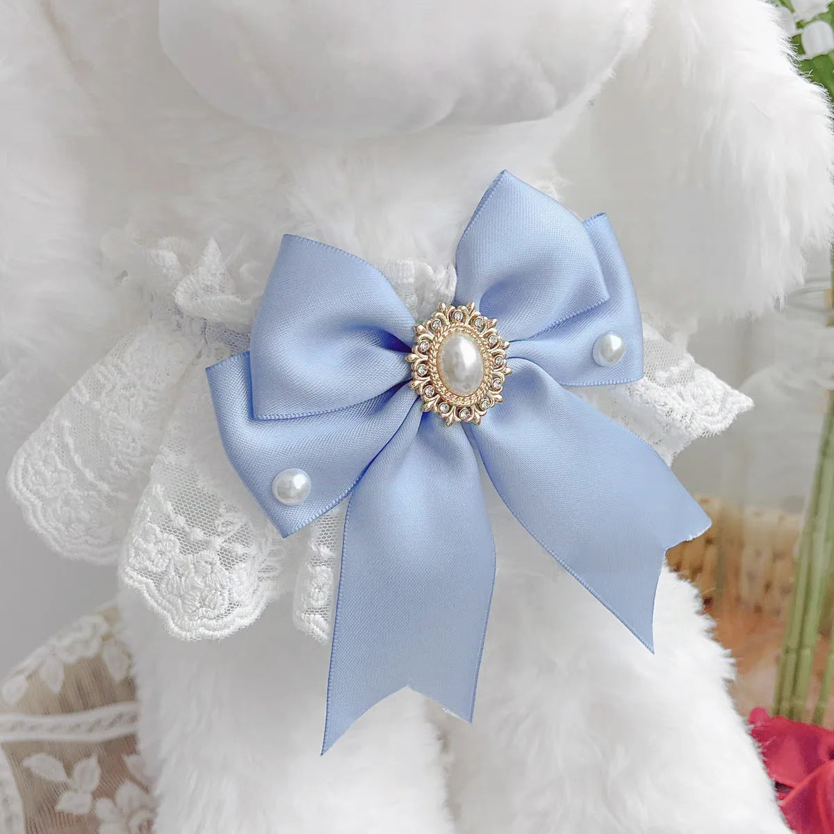 Lace Bow Bib for Cats and Small Dogs - Light blue bow / XS