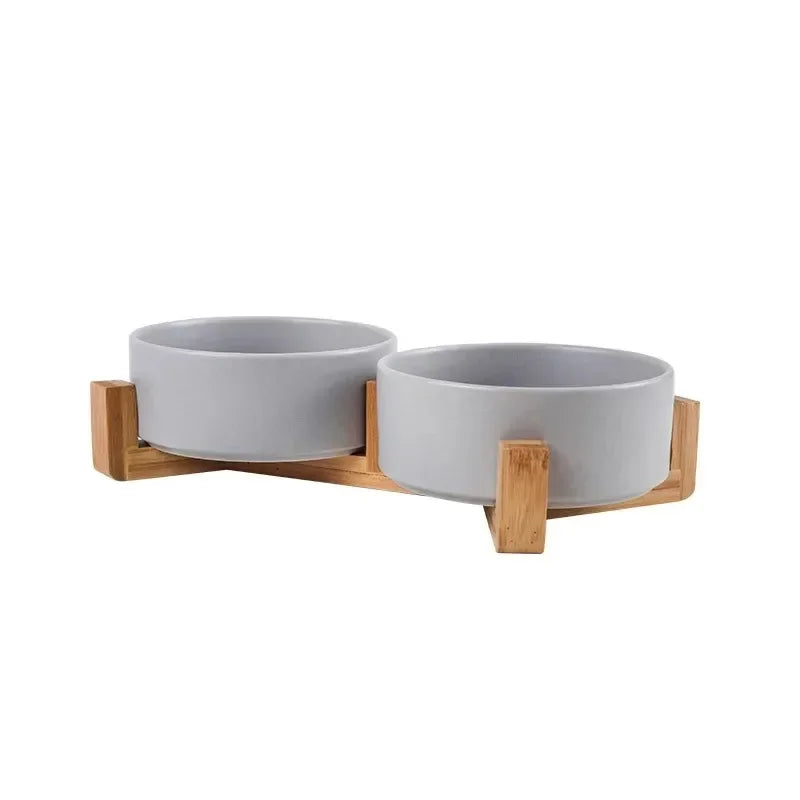 Ceramic Double Bowl on Wooden Stand
