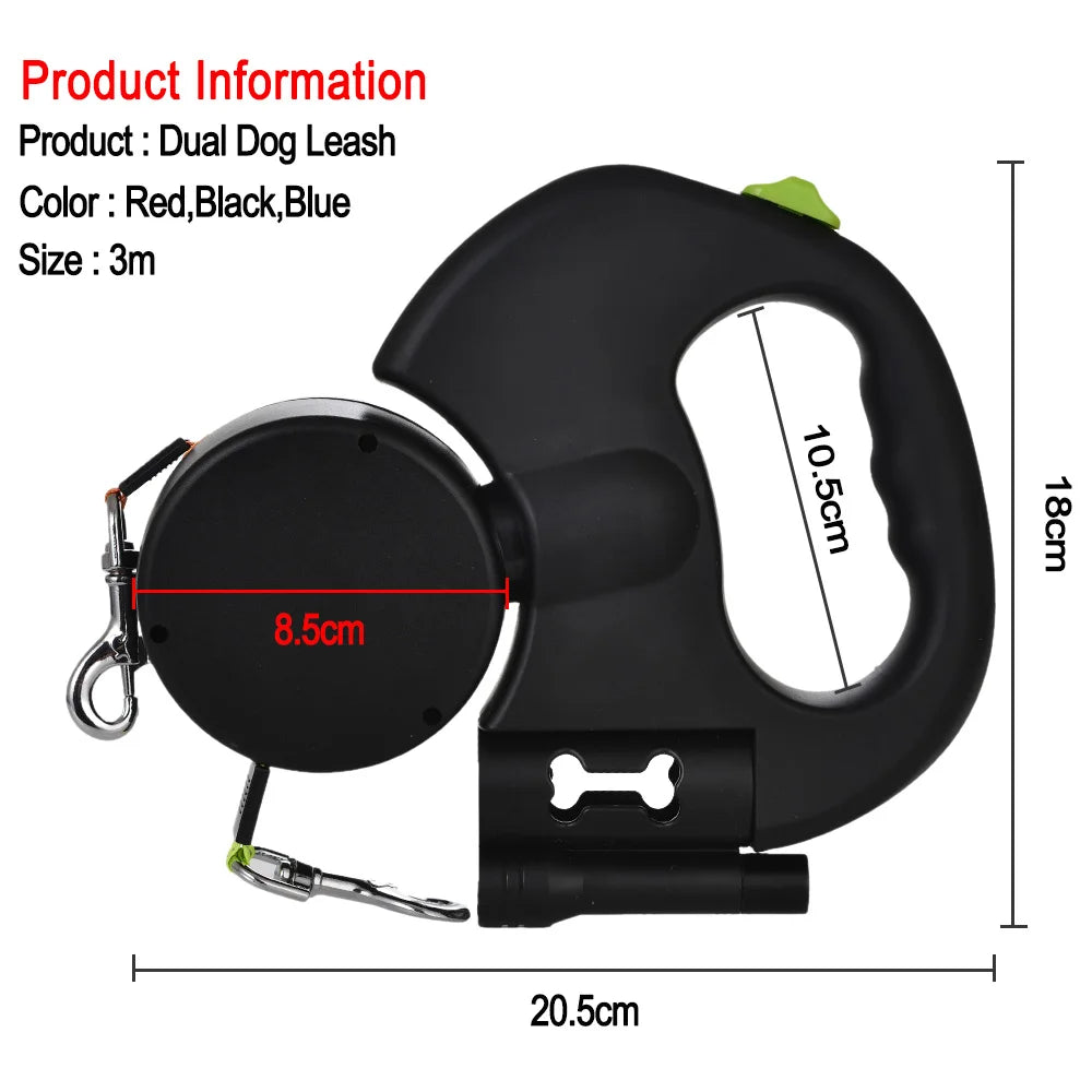 Retractable Lead for Two Small Dogs, 3 m