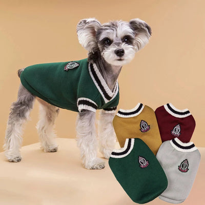 College-Style V-Neck Dog Jumper