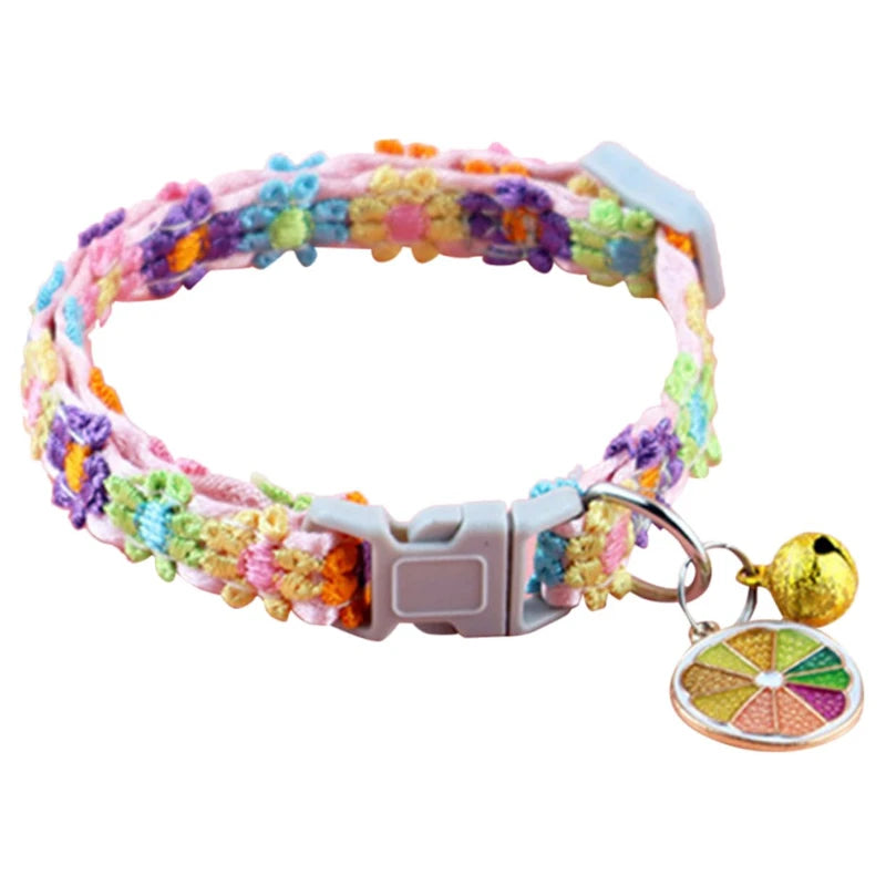 Flower Cat Collar with Bell and Charm - Rainbow, fruit charm